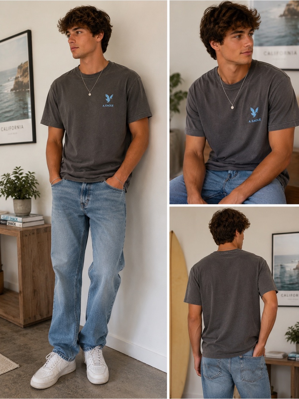 American Eagle Charcoal Graphic Tee with Blue Logo NWOT Large